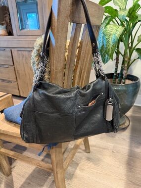 Bruce Makowsky Black Leather Shoulder Bag with Chain-Trim Straps